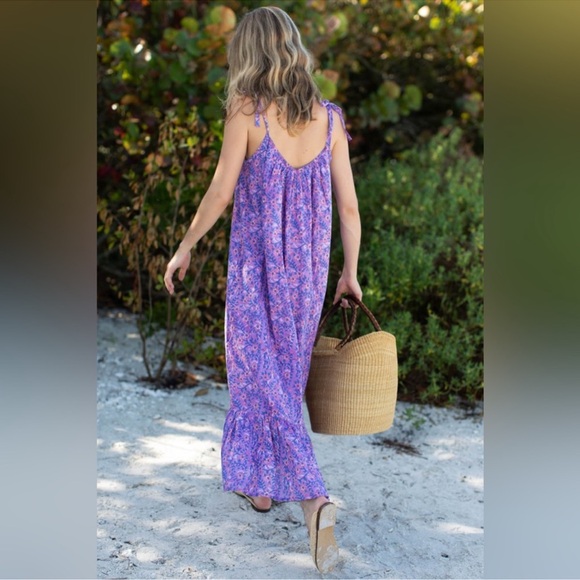 Emerson Fry India Sundress Violet Wildflower Tie Straps Size M L Tiered Maxi - Picture 10 of 10